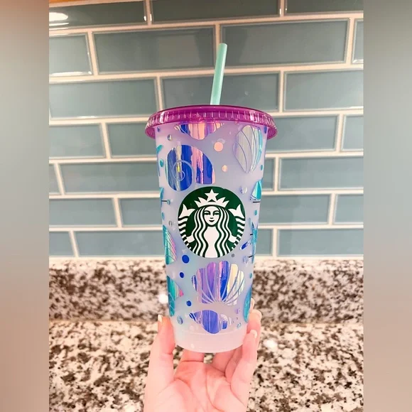 Starbucks Color changing Speckled cold cup w lid & straw NEW shell beach design - Picture 1 of 5
